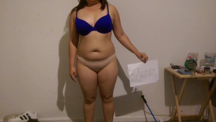 A before and after photo of a 5'2" female showing a snapshot of 153 pounds at a height of 5'2