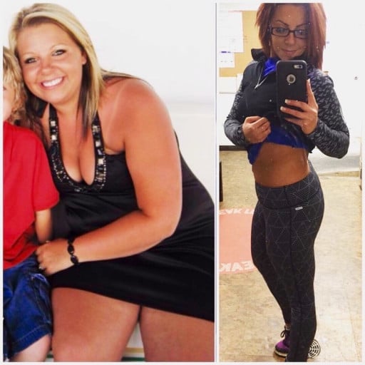 A before and after photo of a 5'5" female showing a weight reduction from 200 pounds to 130 pounds. A total loss of 70 pounds.