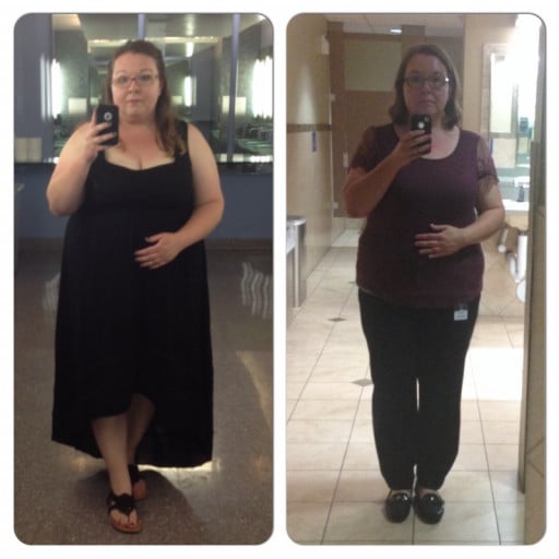A picture of a 5'4" female showing a weight loss from 262 pounds to 214 pounds. A respectable loss of 48 pounds.