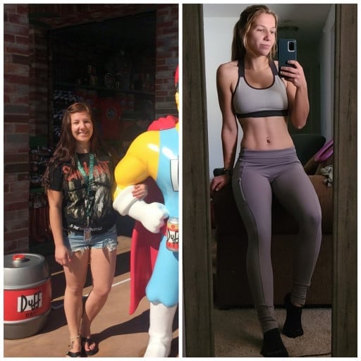 A before and after photo of a 5'3" female showing a weight reduction from 155 pounds to 125 pounds. A total loss of 30 pounds.