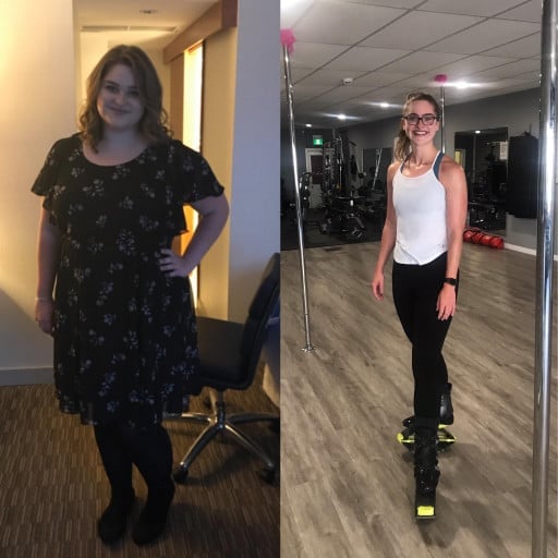 A before and after photo of a 5'11" female showing a weight reduction from 300 pounds to 165 pounds. A respectable loss of 135 pounds.