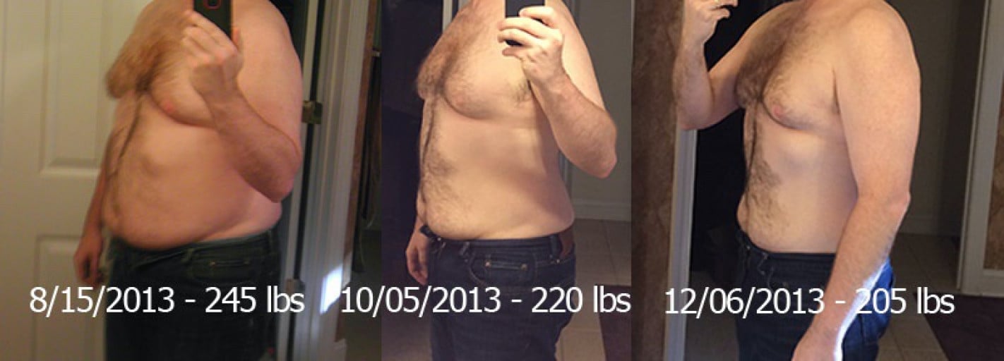 A photo of a 6'0" man showing a weight cut from 245 pounds to 205 pounds. A net loss of 40 pounds.