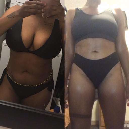 A picture of a 5'7" female showing a weight loss from 170 pounds to 161 pounds. A net loss of 9 pounds.