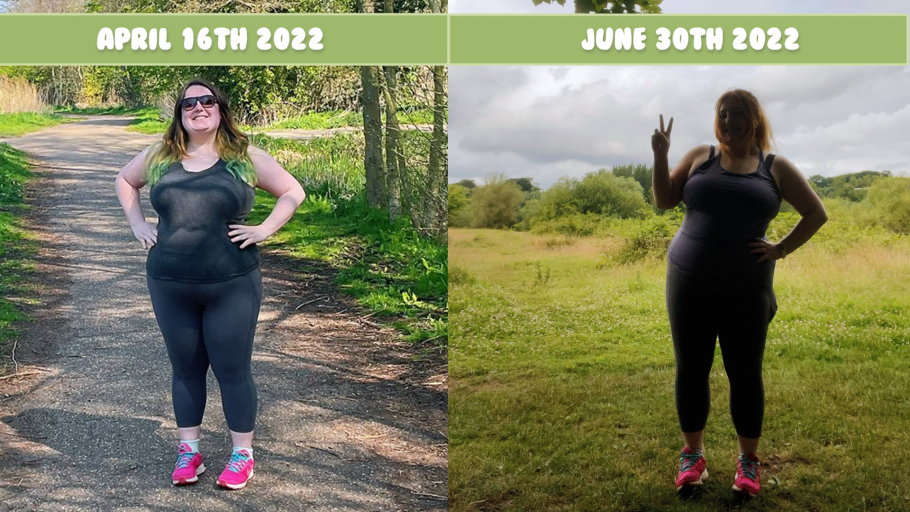 A progress pic of a 5'2" woman showing a fat loss from 283 pounds to 256 pounds. A respectable loss of 27 pounds.