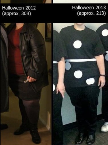A photo of a 5'4" woman showing a weight loss from 308 pounds to 213 pounds. A total loss of 95 pounds.