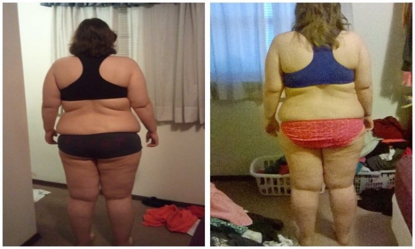 A photo of a 5'5" woman showing a weight cut from 240 pounds to 210 pounds. A respectable loss of 30 pounds.