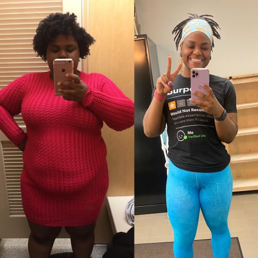 A progress pic of a 5'5" woman showing a fat loss from 320 pounds to 185 pounds. A total loss of 135 pounds.