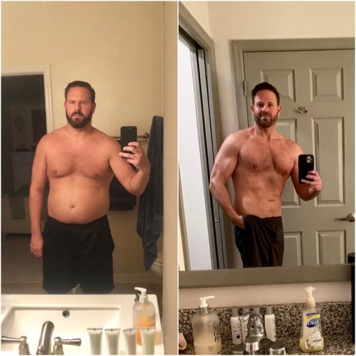A picture of a 6'0" male showing a weight loss from 208 pounds to 184 pounds. A respectable loss of 24 pounds.