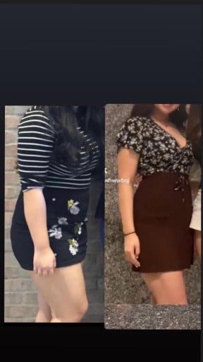 A progress pic of a 5'7" woman showing a fat loss from 200 pounds to 150 pounds. A respectable loss of 50 pounds.