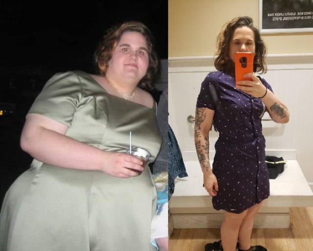 A photo of a 5'5" woman showing a weight cut from 400 pounds to 158 pounds. A respectable loss of 242 pounds.