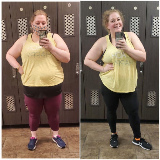 A photo of a 5'7" woman showing a weight cut from 325 pounds to 253 pounds. A net loss of 72 pounds.