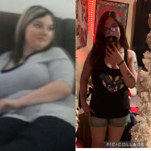 A picture of a 5'7" female showing a weight loss from 226 pounds to 166 pounds. A net loss of 60 pounds.
