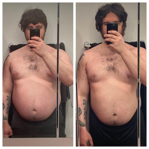 A before and after photo of a 6'0" male showing a weight reduction from 285 pounds to 275 pounds. A net loss of 10 pounds.