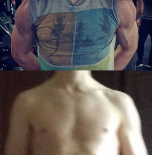 A before and after photo of a 5'10" male showing a muscle gain from 163 pounds to 177 pounds. A total gain of 14 pounds.