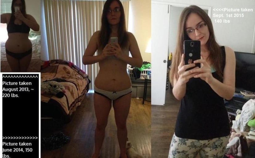 A picture of a 5'7" female showing a weight loss from 250 pounds to 110 pounds. A respectable loss of 140 pounds.