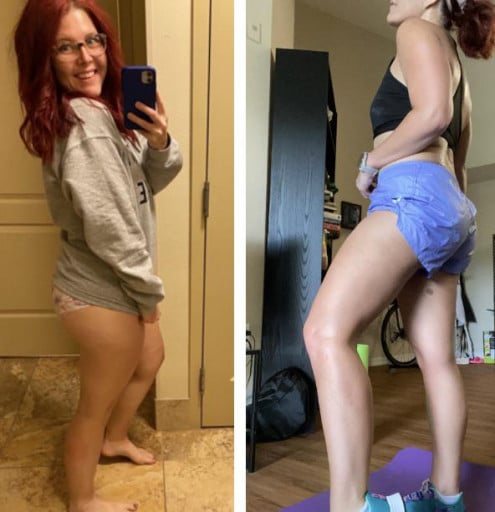 A photo of a 5'3" woman showing a weight cut from 165 pounds to 145 pounds. A net loss of 20 pounds.