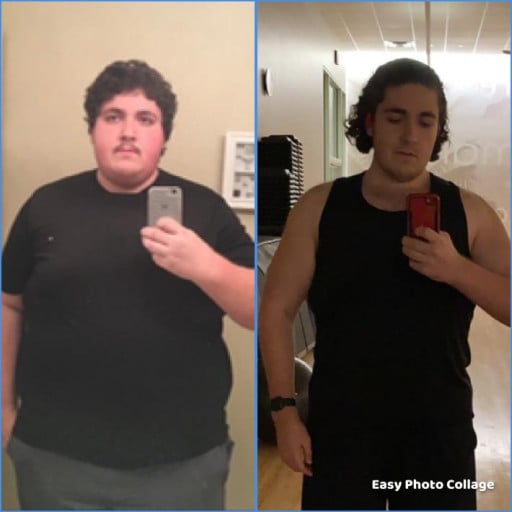 A before and after photo of a 6'2" male showing a weight reduction from 450 pounds to 267 pounds. A respectable loss of 183 pounds.