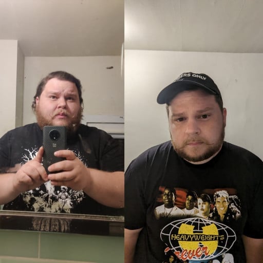 A picture of a 5'7" male showing a weight loss from 370 pounds to 270 pounds. A respectable loss of 100 pounds.