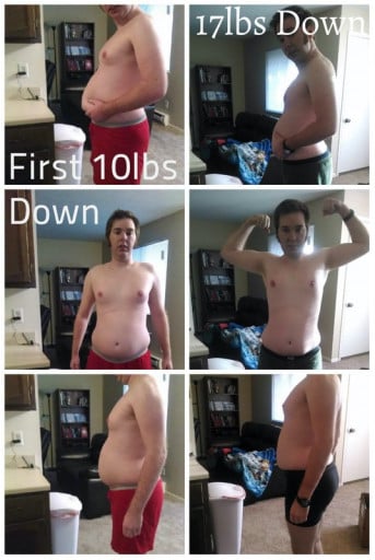 A progress pic of a 5'10" man showing a fat loss from 205 pounds to 188 pounds. A net loss of 17 pounds.