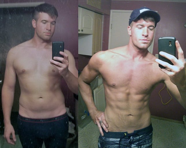 A picture of a 6'1" male showing a weight loss from 210 pounds to 185 pounds. A net loss of 25 pounds.