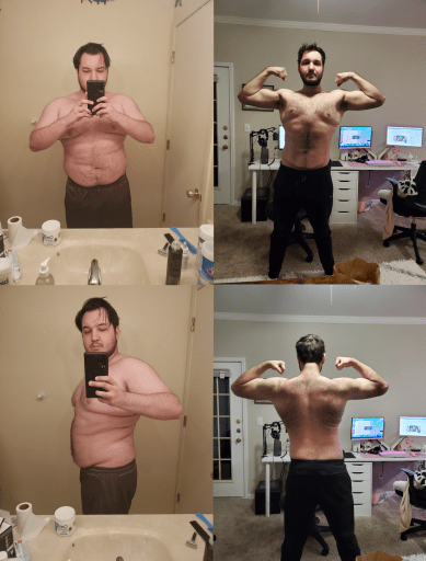 A before and after photo of a 6'2" male showing a weight reduction from 303 pounds to 228 pounds. A respectable loss of 75 pounds.