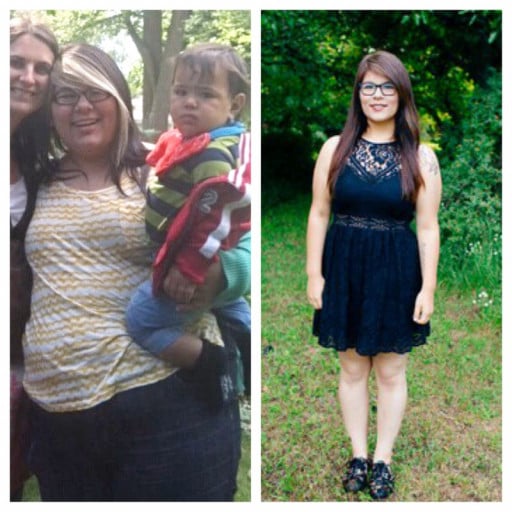 A progress pic of a 5'6" woman showing a fat loss from 270 pounds to 170 pounds. A net loss of 100 pounds.