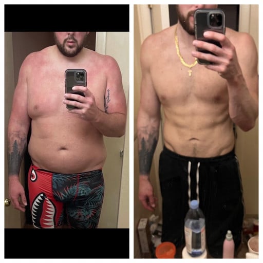 A before and after photo of a 6'7" male showing a weight reduction from 332 pounds to 100 pounds. A respectable loss of 232 pounds.