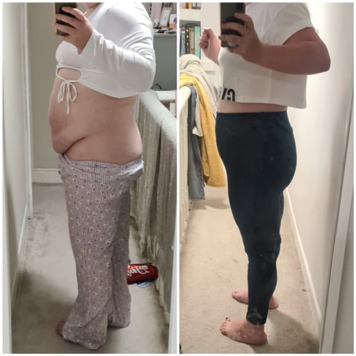 A progress pic of a 5'3" woman showing a fat loss from 219 pounds to 188 pounds. A respectable loss of 31 pounds.