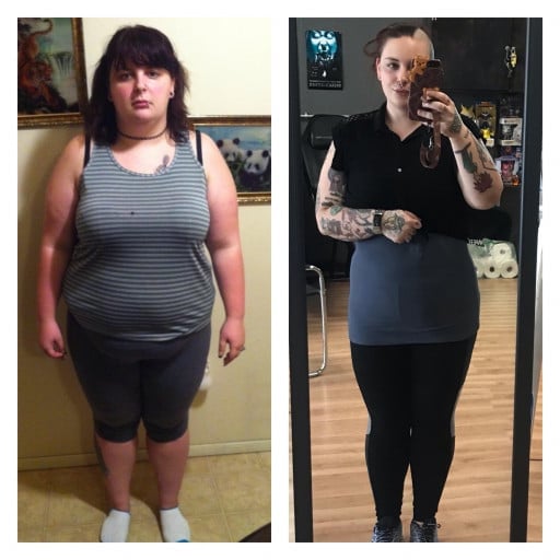 A before and after photo of a 5'7" female showing a weight reduction from 282 pounds to 225 pounds. A net loss of 57 pounds.