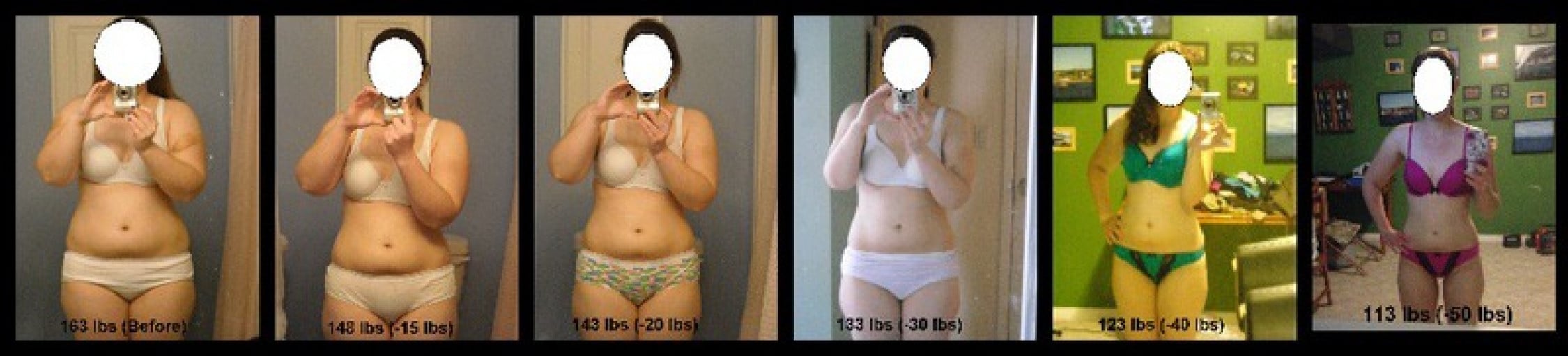 A photo of a 5'0" woman showing a weight cut from 163 pounds to 123 pounds. A net loss of 40 pounds.