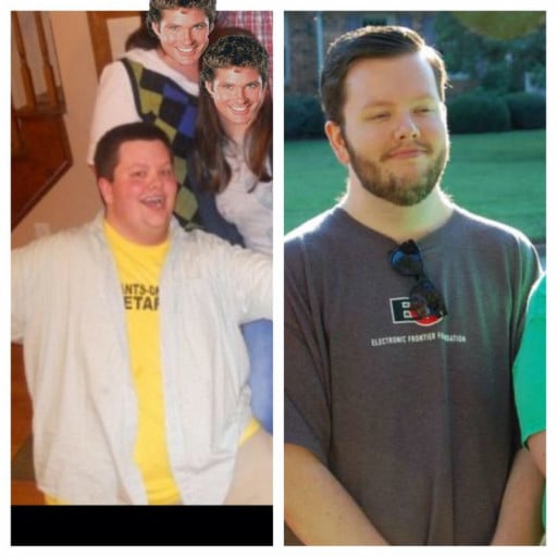 A progress pic of a 5'7" man showing a weight loss from 330 pounds to 200 pounds. A respectable loss of 130 pounds.