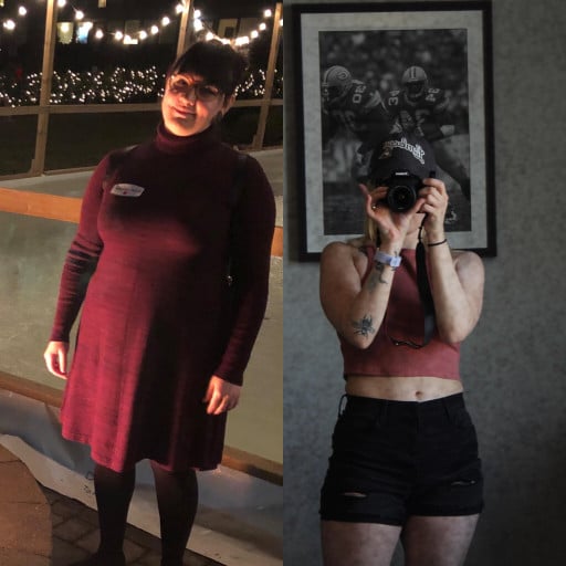 A photo of a 5'4" woman showing a weight cut from 187 pounds to 127 pounds. A net loss of 60 pounds.