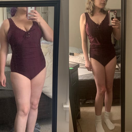 A progress pic of a 5'1" woman showing a fat loss from 163 pounds to 118 pounds. A net loss of 45 pounds.