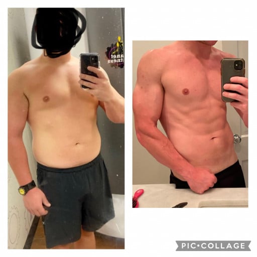 A before and after photo of a 5'11" male showing a weight reduction from 245 pounds to 185 pounds. A respectable loss of 60 pounds.