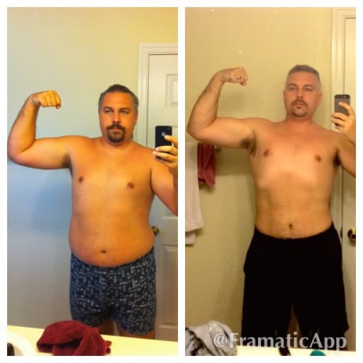 A picture of a 6'1" male showing a fat loss from 275 pounds to 224 pounds. A total loss of 51 pounds.