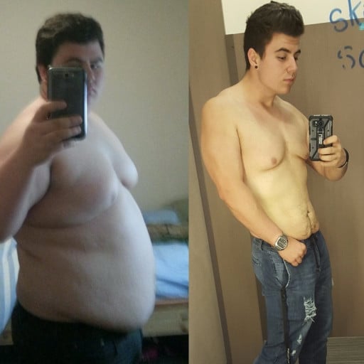 A photo of a 5'9" man showing a weight cut from 312 pounds to 182 pounds. A total loss of 130 pounds.