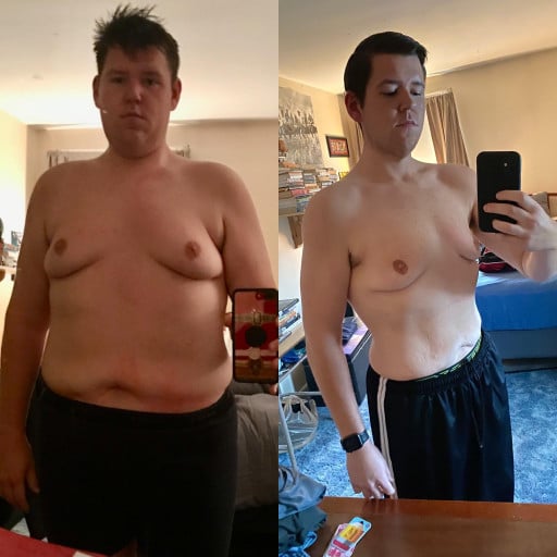 A progress pic of a 6'0" man showing a fat loss from 265 pounds to 207 pounds. A total loss of 58 pounds.
