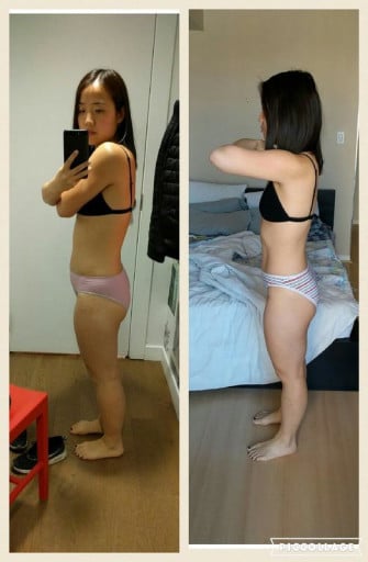 A before and after photo of a 5'1" female showing a weight loss from 135 pounds to 120 pounds. A total loss of 15 pounds.
