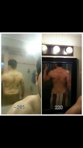 A picture of a 6'4" male showing a weight cut from 285 pounds to 220 pounds. A net loss of 65 pounds.