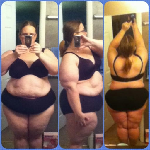 A progress pic of a 5'4" woman showing a fat loss from 308 pounds to 154 pounds. A total loss of 154 pounds.