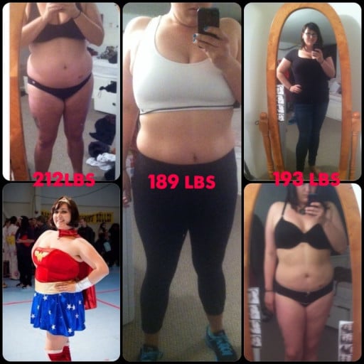 A progress pic of a 5'7" woman showing a fat loss from 212 pounds to 189 pounds. A respectable loss of 23 pounds.