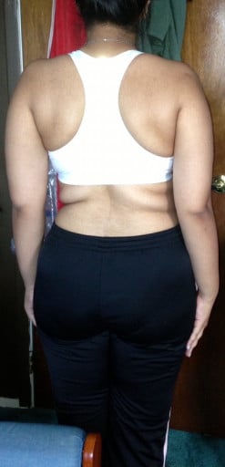 A progress pic of a 5'7" woman showing a weight reduction from 174 pounds to 157 pounds. A respectable loss of 17 pounds.