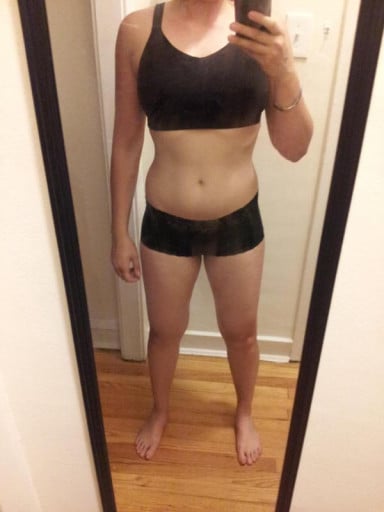 A before and after photo of a 5'6" female showing a snapshot of 144 pounds at a height of 5'6