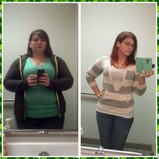 A progress pic of a 5'6" woman showing a fat loss from 321 pounds to 171 pounds. A total loss of 150 pounds.