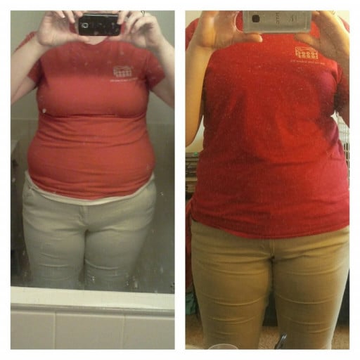 A photo of a 5'11" woman showing a weight cut from 250 pounds to 222 pounds. A total loss of 28 pounds.