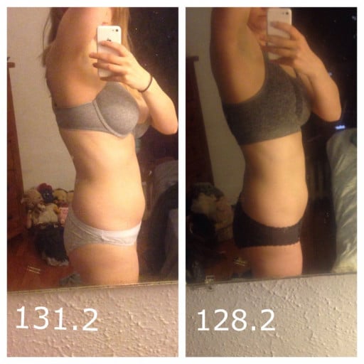 A picture of a 5'4" female showing a weight reduction from 131 pounds to 128 pounds. A total loss of 3 pounds.
