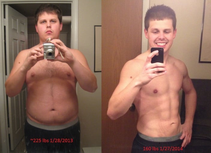 A progress pic of a 5'9" man showing a fat loss from 225 pounds to 160 pounds. A respectable loss of 65 pounds.