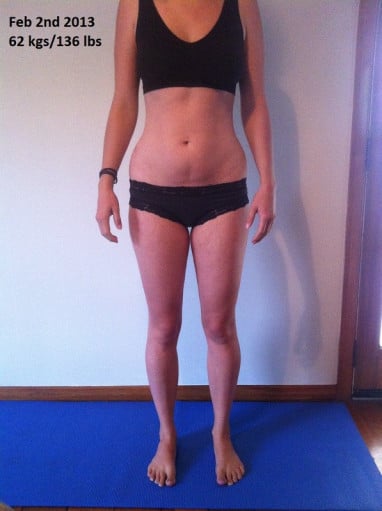 A picture of a 5'7" female showing a weight cut from 171 pounds to 129 pounds. A respectable loss of 42 pounds.