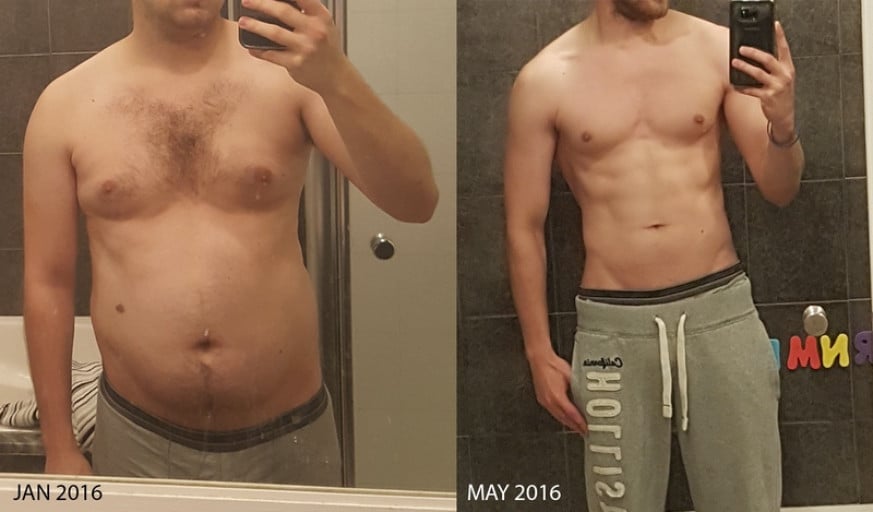 A progress pic of a 5'8" man showing a fat loss from 174 pounds to 138 pounds. A respectable loss of 36 pounds.