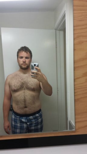 A photo of a 5'9" man showing a fat loss from 250 pounds to 185 pounds. A total loss of 65 pounds.